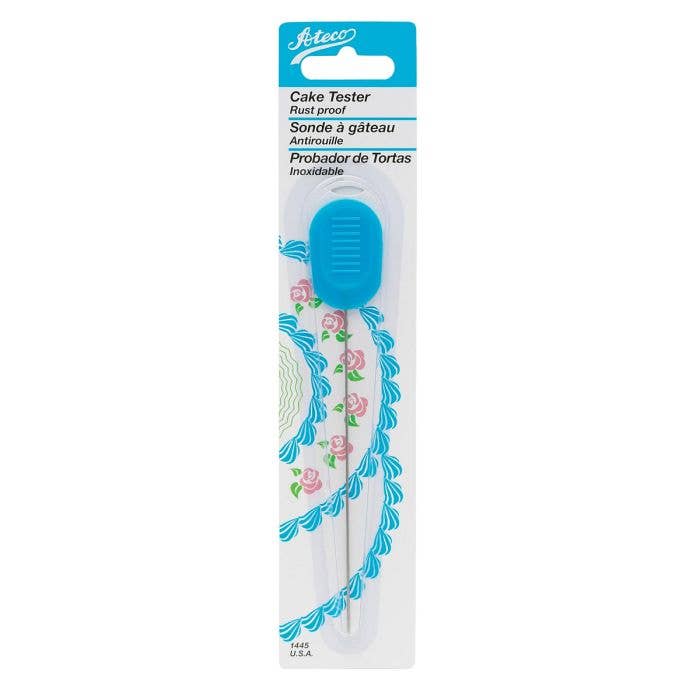 Cake tester in packaging with decorative design on a white background