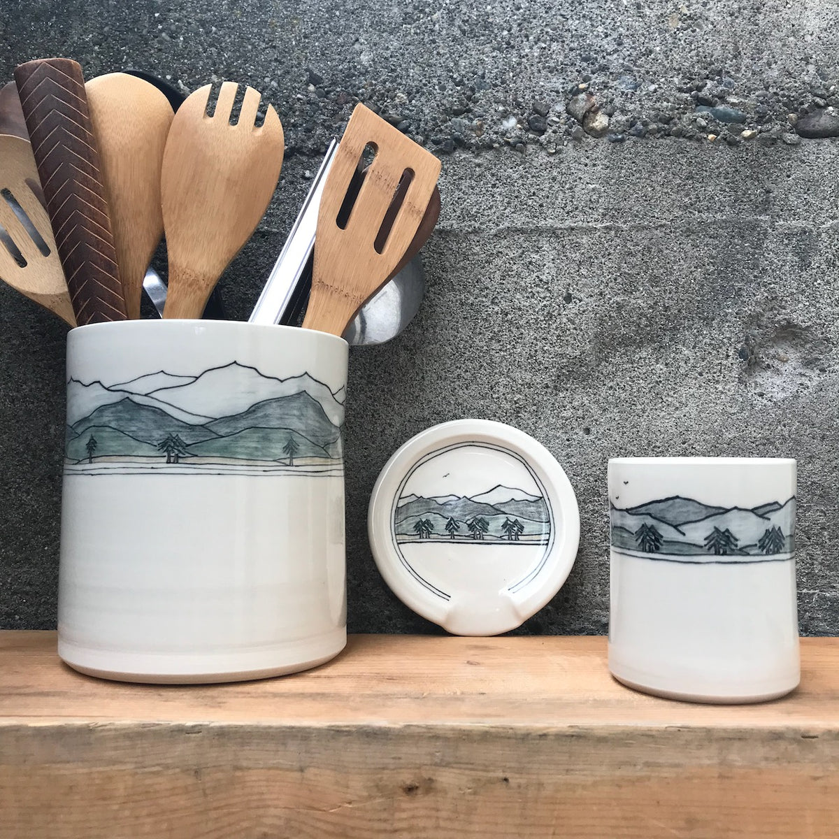 Downing Pottery Utensil Holder - orca, PNW, mountainscape