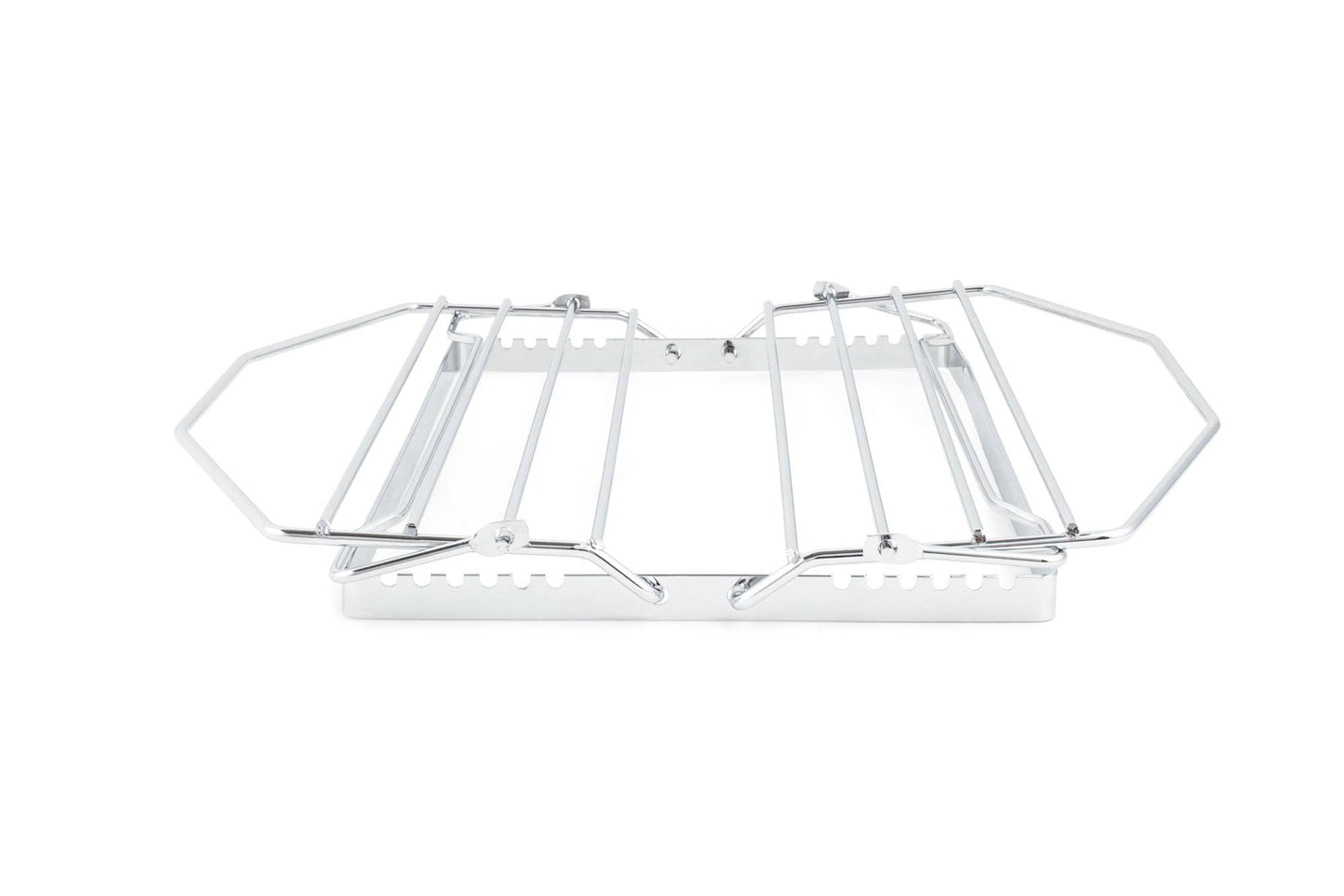 A chrome metal oven rack with adjustable legs, shown on a plain white background.