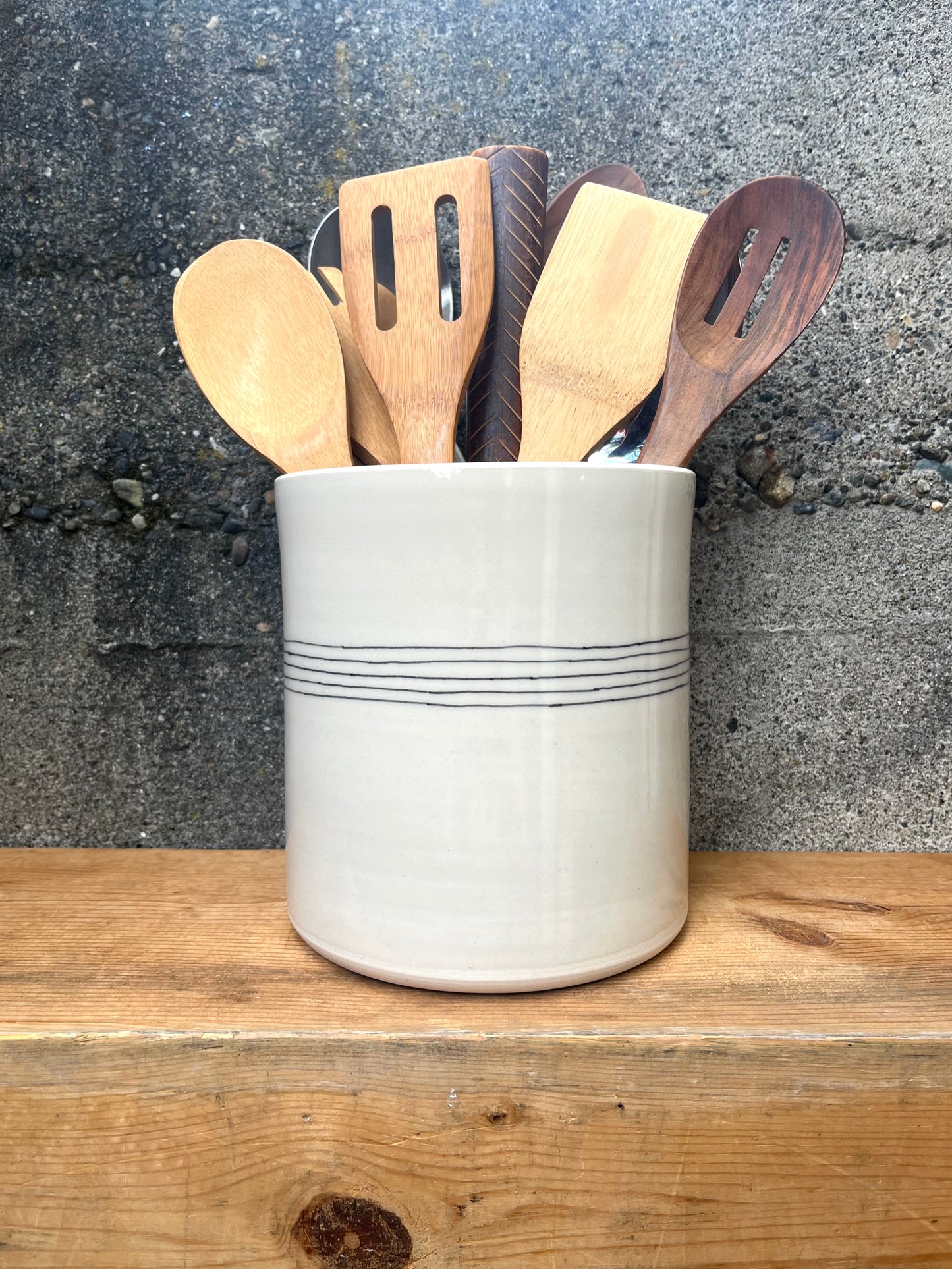 Downing Pottery Utensil Holder - White with stripes