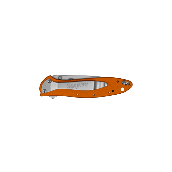 An orange folding pocket knife with a brushed silver metal clip point blade, shown open against a solid white background. The brand 'Kershaw' is clearly visible on the blade.