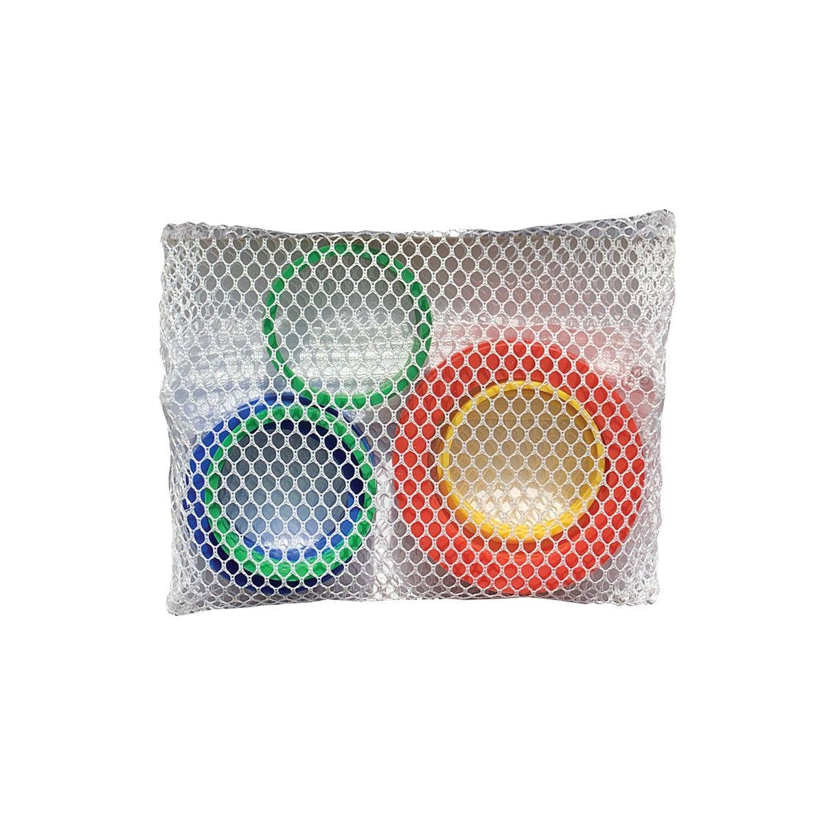Colorful rolling pin rings in a mesh bag on a white background