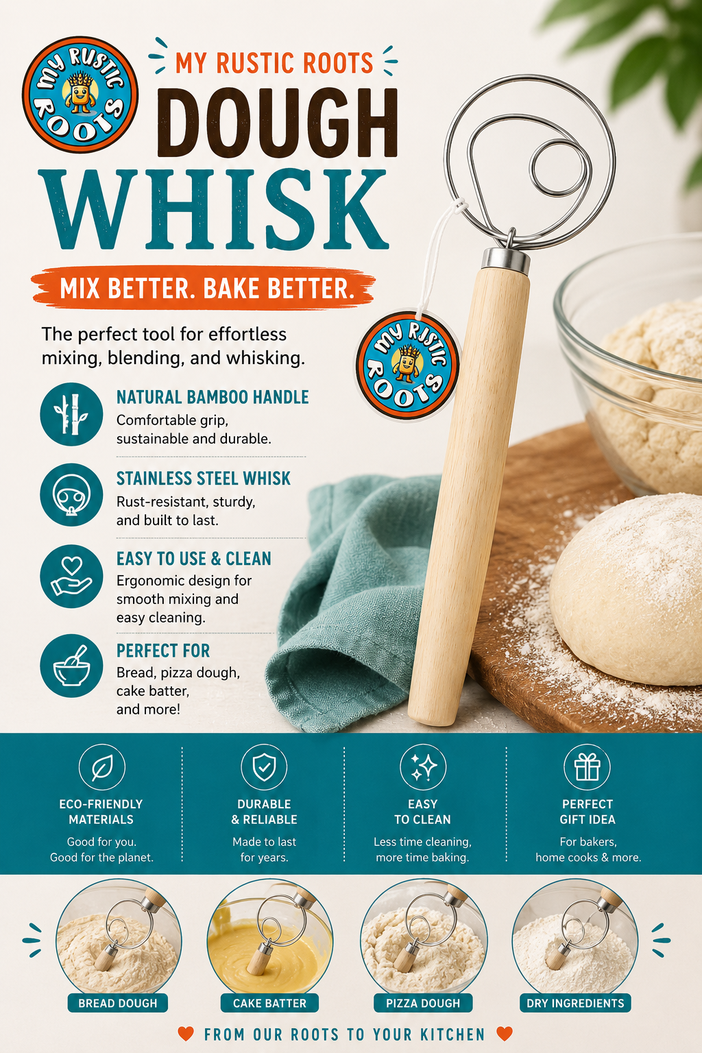 A promotional graphic for a dough whisk tool. The main product is a stainless steel spiral dough whisk with a light natural bamboo handle, shown alongside a glass bowl of flour and a cloth on a wooden board.