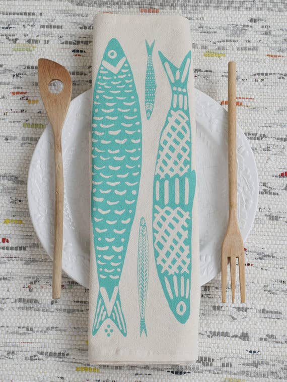 Sardines Tea Towel in Mint Green