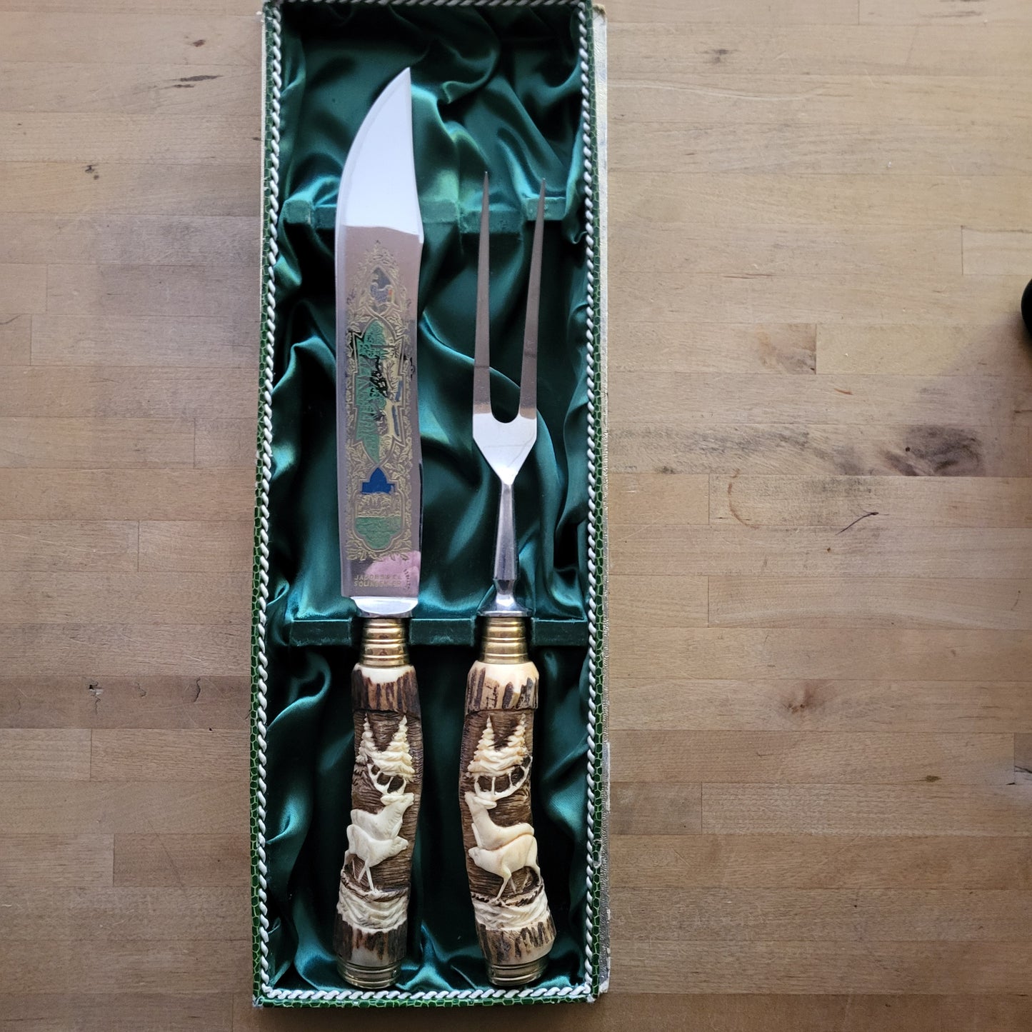 Refurbished -  JACOB & CO Solingen Germany Carved Antler Handle 2pc Carving Set