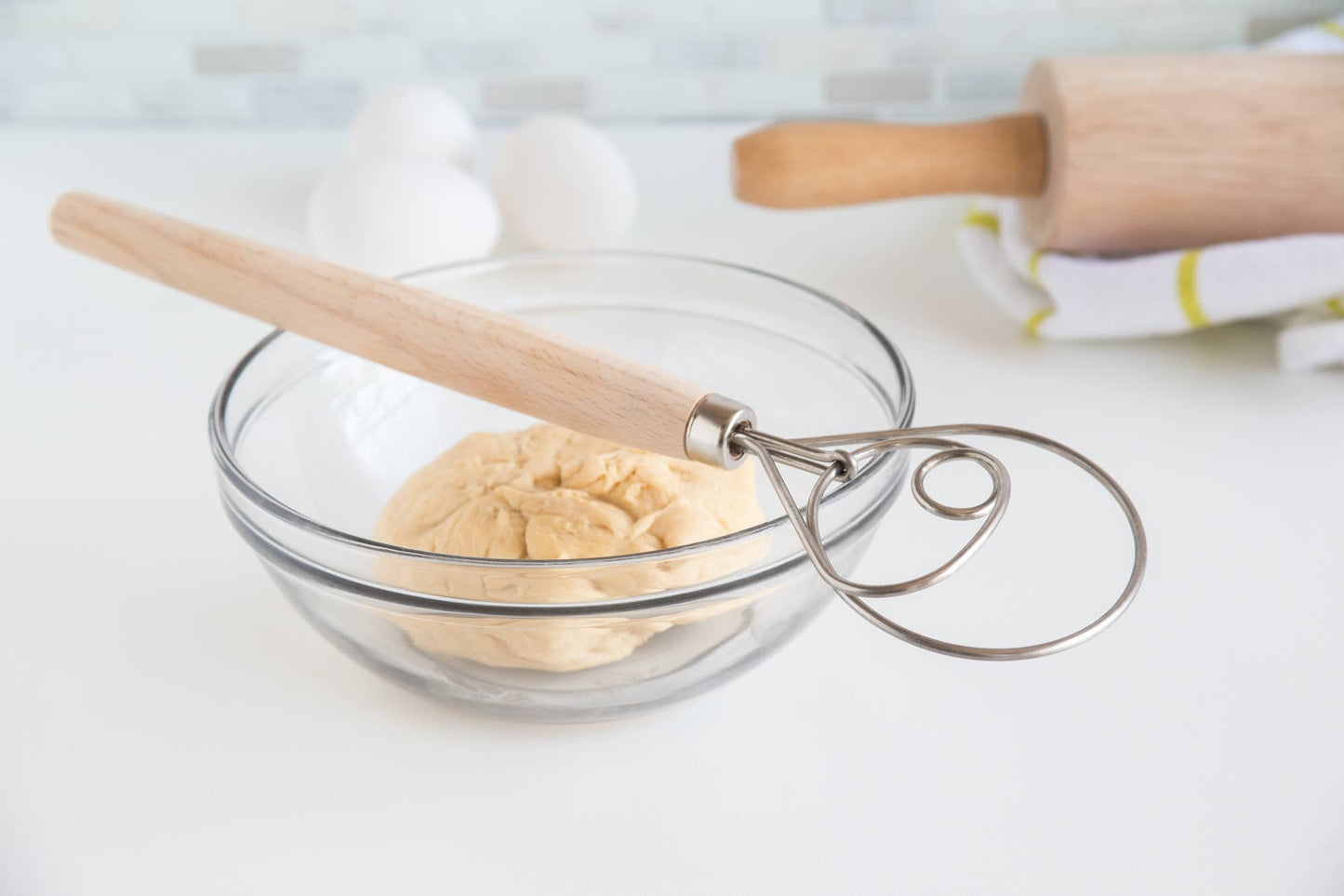 Danish Dough Whisk, Stainless Steel and Wood, 12"