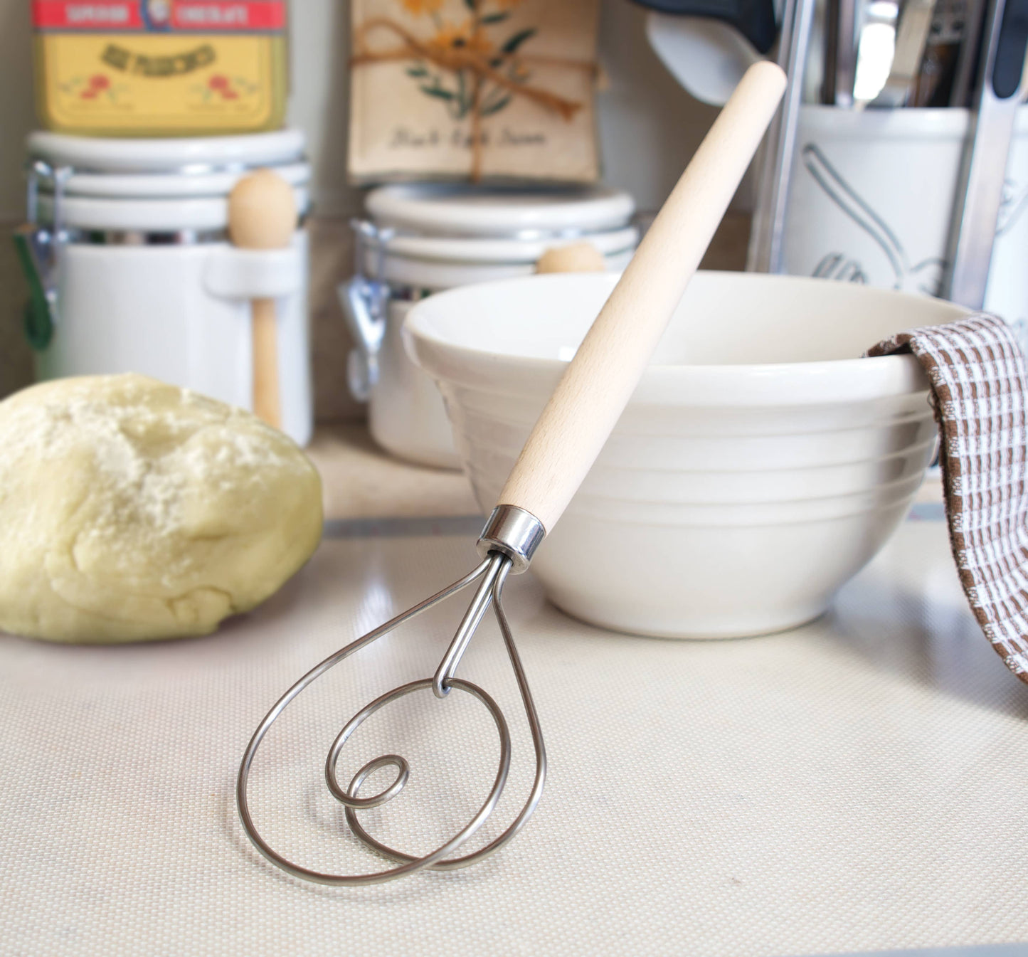 Danish Dough Whisk, Stainless Steel and Wood, 12"