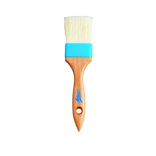 Paatry brush with wooden handle and blue ferrule on a white background