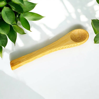 Wooden spoon on a white surface with green leaves in the background