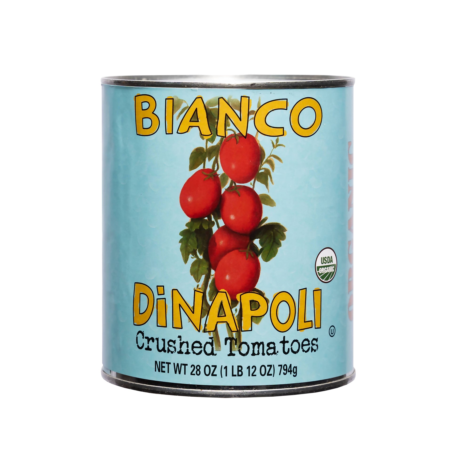 A can of Bianco DiNapoli organic crushed tomatoes with a blue label, displaying the brand name and a picture of tomatoes.