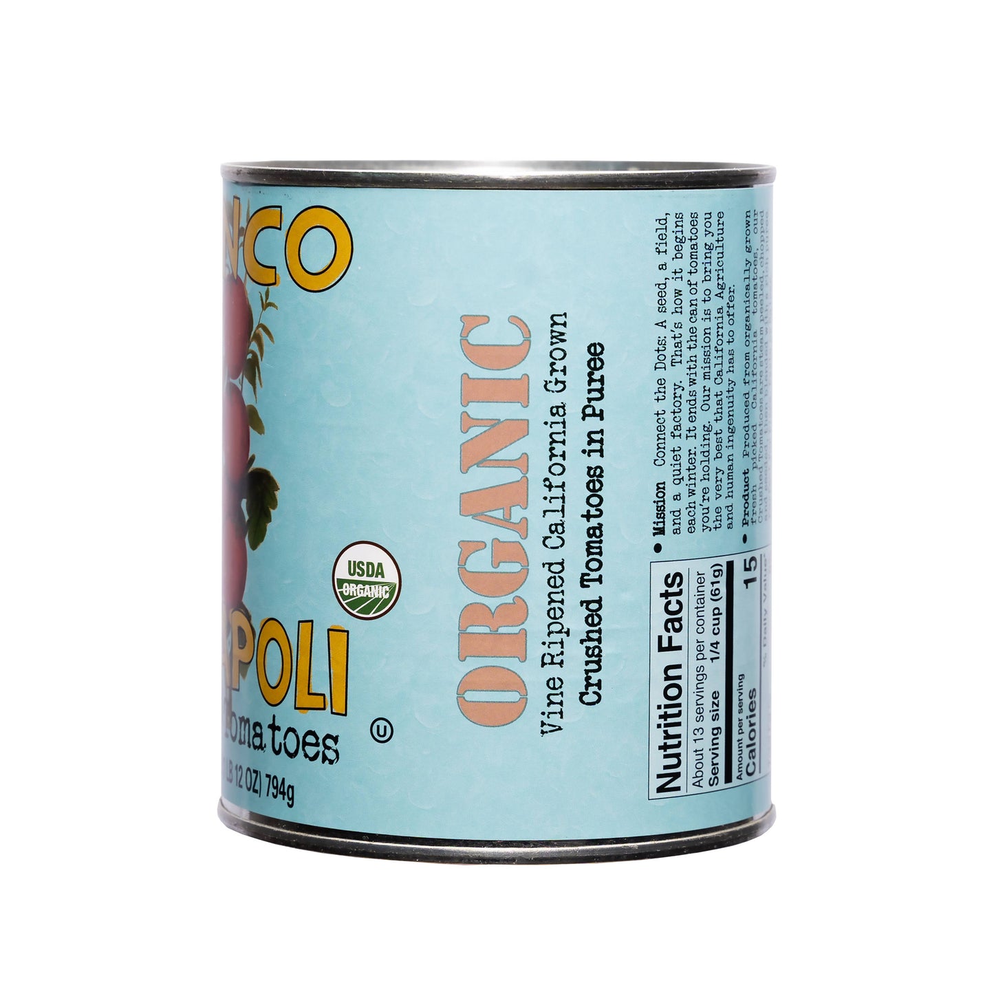Can of organic crushed tomatoes with blue label