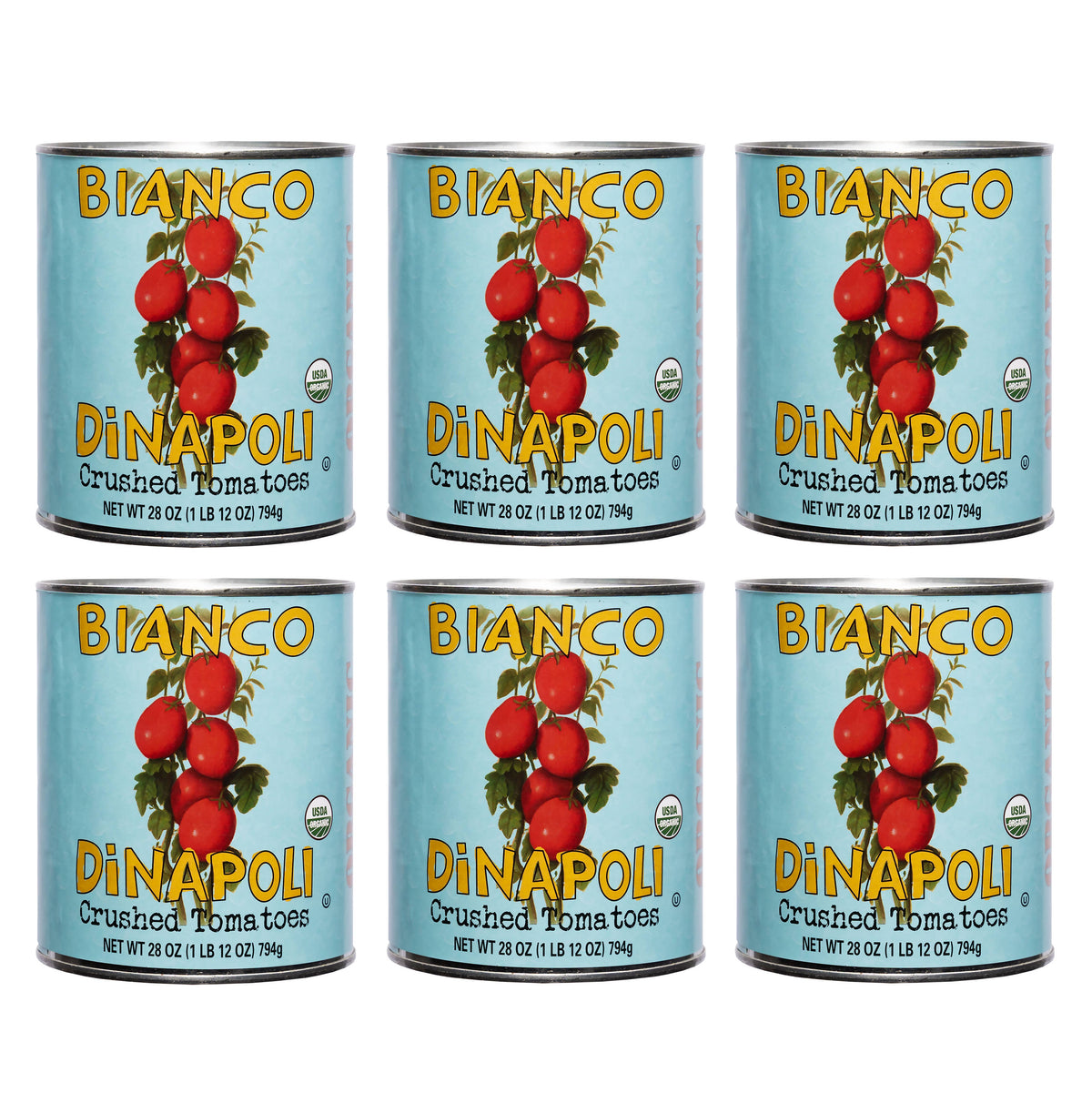 Six cans of Bianco Di Napoli crushed tomatoes on a white background.