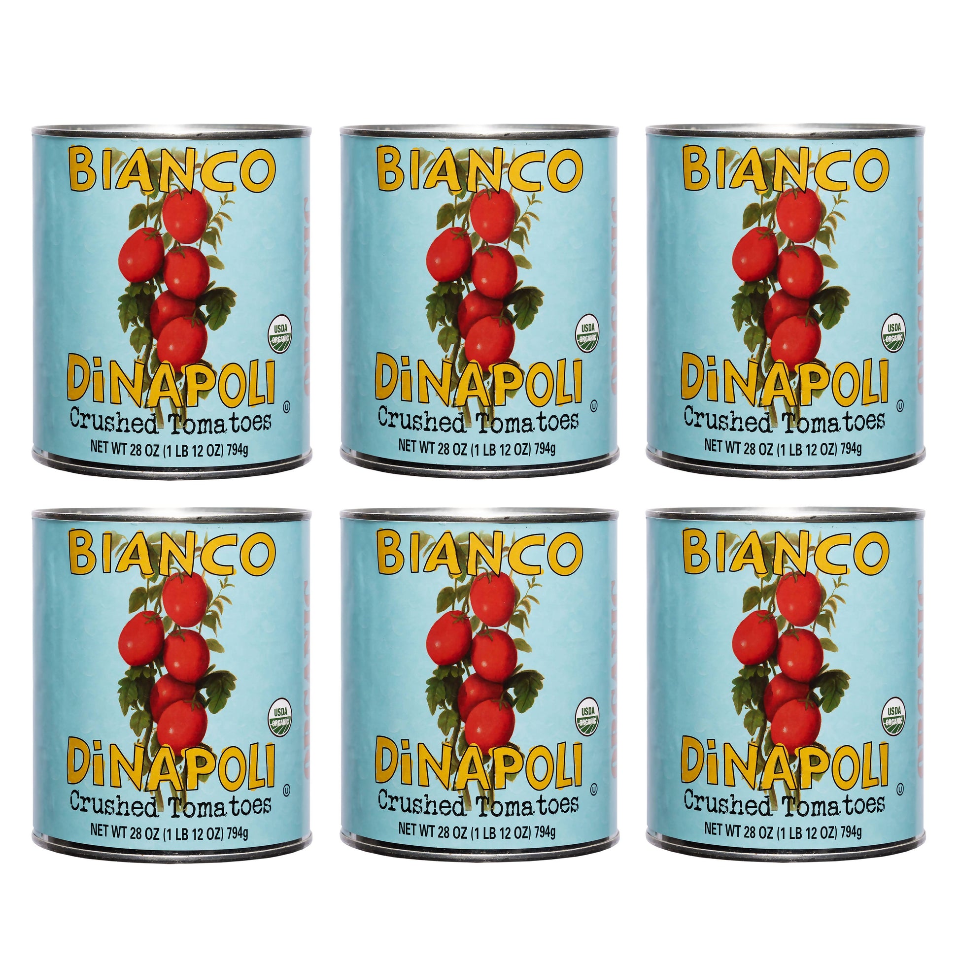 Six cans of Bianco Di Napoli crushed tomatoes on a white background.