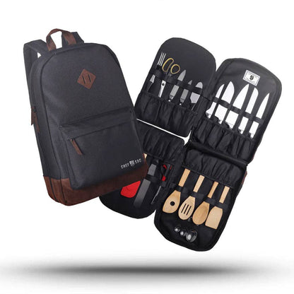 A black and brown backpack shown alongside its open interior organizer, which contains a set of kitchen utensils including knives, spoons, and tongs. The brand name 'CHEF SAC' is visible on the front pocket of the backpack.