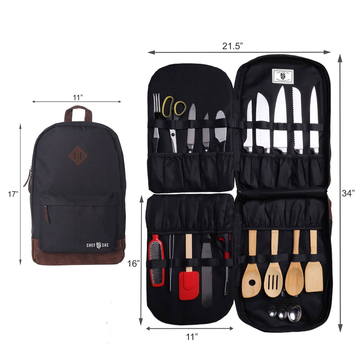 A black chef's knife set in a backpack-style organizer, shown both closed on the left and open on the right with dimension lines indicating measurements of 21.5 inches wide, 11 inches deep, and 34 inches tall.