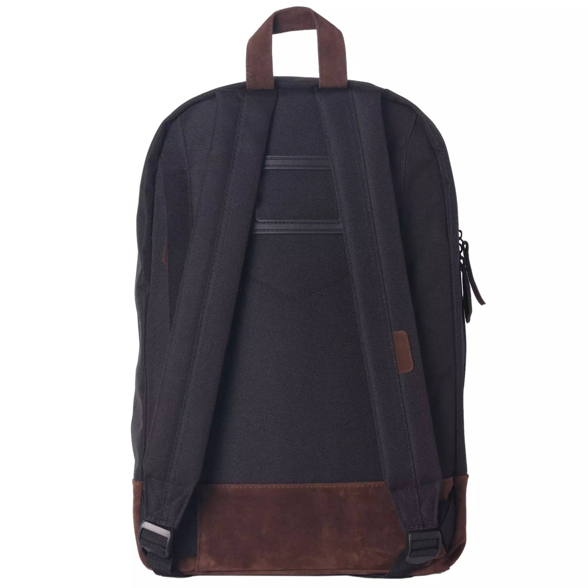 Black backpack with brown accents on a white background