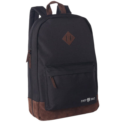 Black backpack with brown accents and a visible brand logo on a white background