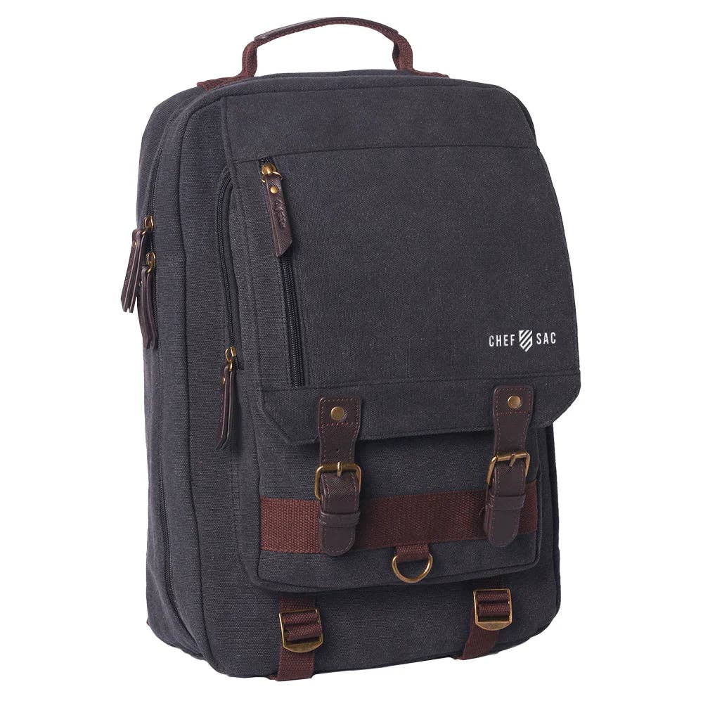 A dark gray canvas backpack with brown leather straps, buckles, and trim, featuring a white 'CHEF SAC' logo on the front pocket, shown on a plain white background.