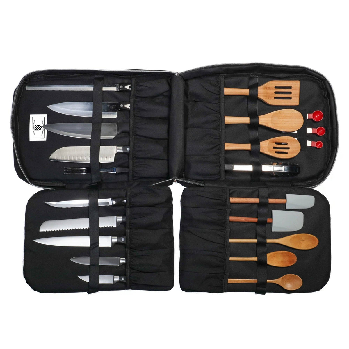 Set of knives and cooking utensils in a black carrying case on a white background