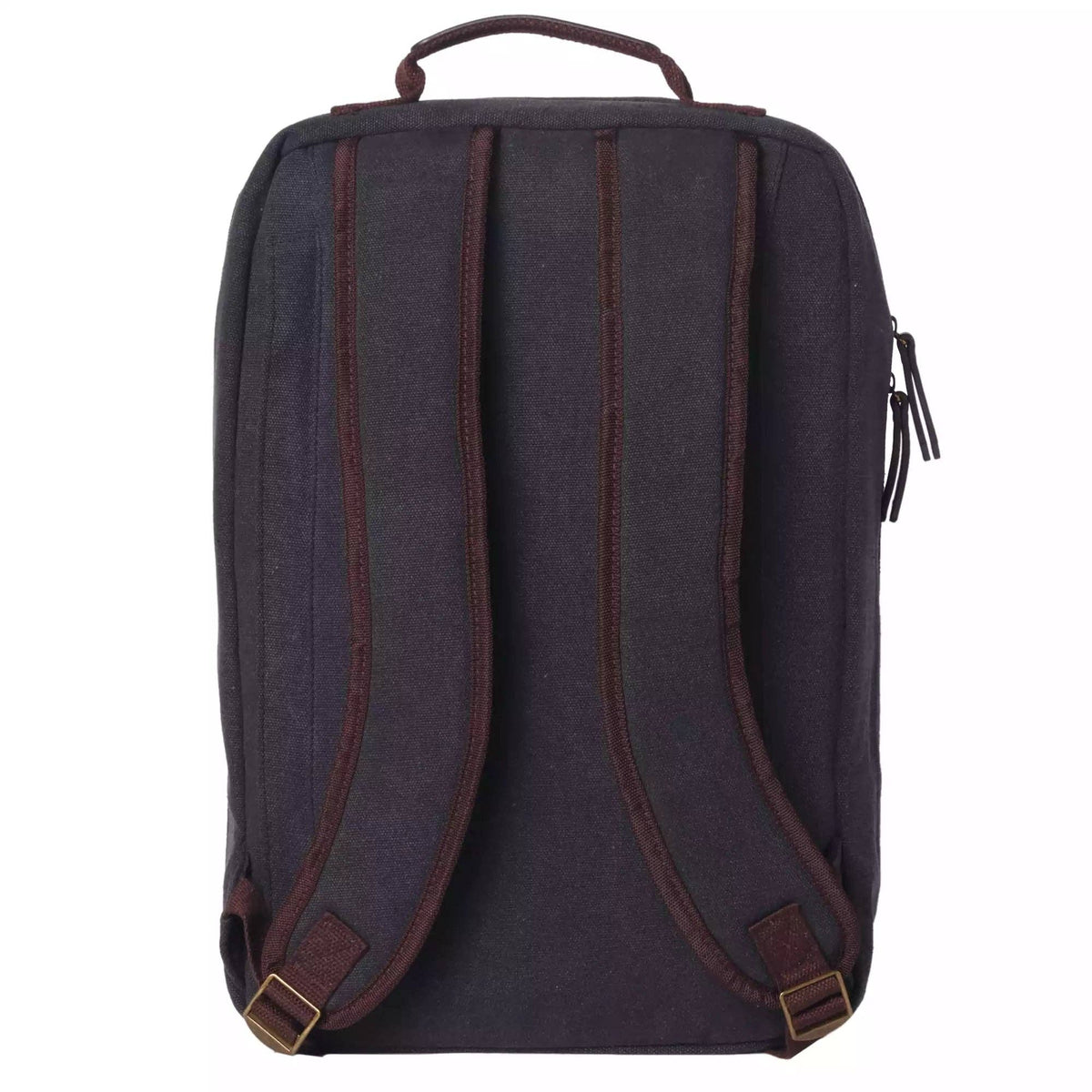 The back view of a dark gray canvas backpack with dark brown leather straps and trim, featuring brass-colored buckles, shown on a plain white background.