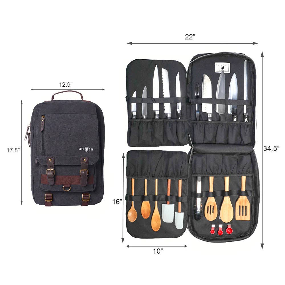 A black canvas kitchen tool set organizer shown closed on the left and open on the right with dimension callouts. The open view displays knives, forks, wooden spoons, spatulas, and other kitchen utensils arranged in elastic pockets.