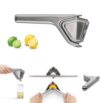 Dreamfarm stainless steel manual citrus juicer shown on a white background with small limes and lemons, plus inset demonstration photos of squeezing juice into a glass and holding the juicer.