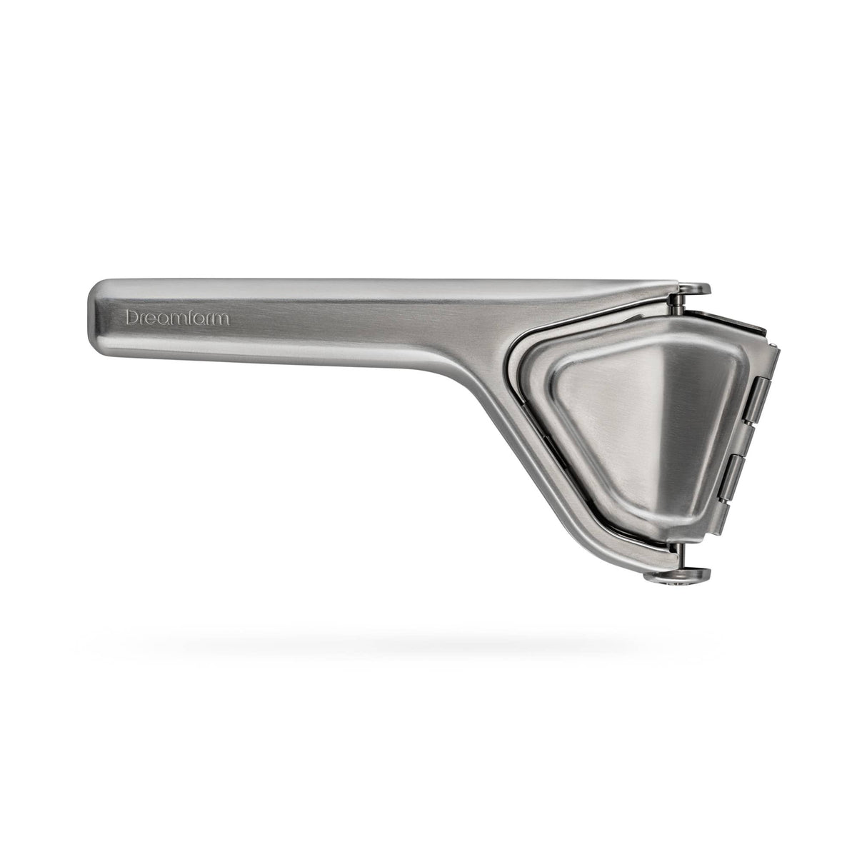A stainless steel Fluicer with a long handle, shown floating against a light gray background with a soft shadow underneath. The brand name 'Dreamfarm' is subtly engraved on the handle.