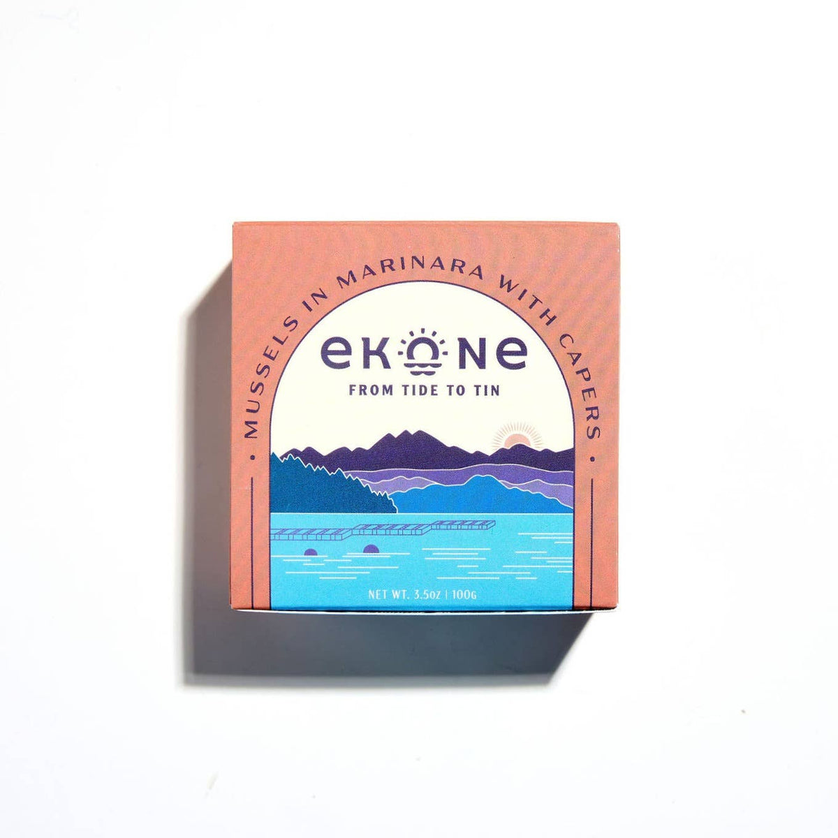 Ekone packaging of mussels in marinara with capers on a white background