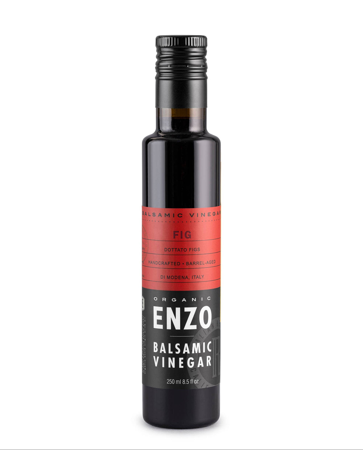 Bottle of Enzo Balsamic Vinegar on a white background