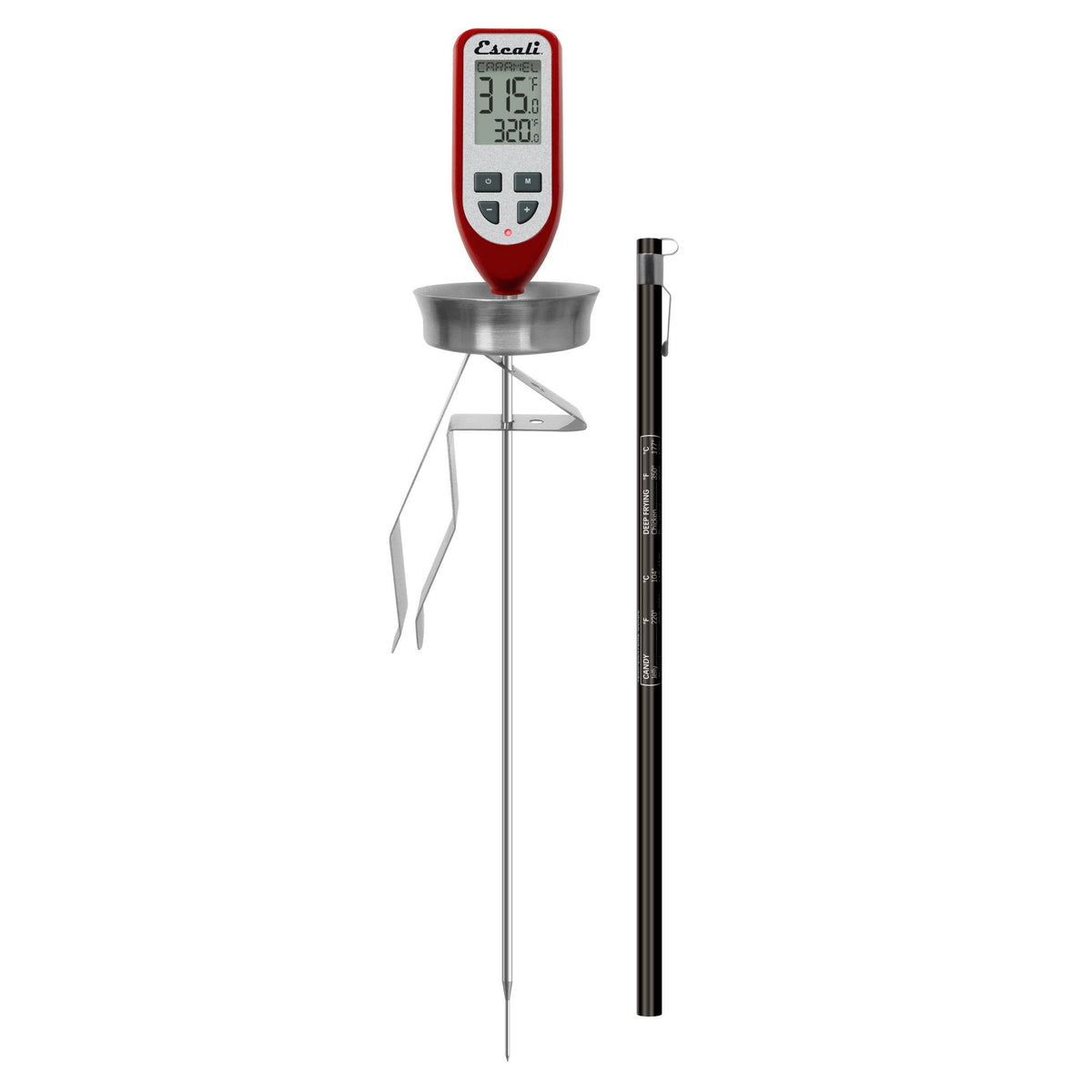 Digital thermometer with a probe on a white background