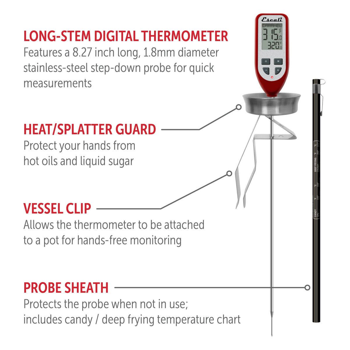 Long-stem digital thermometer with features highlighted on a white background