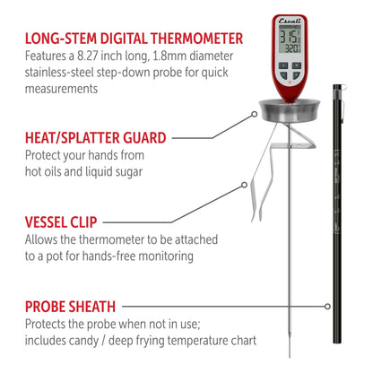 Long-stem digital thermometer with features highlighted on a white background