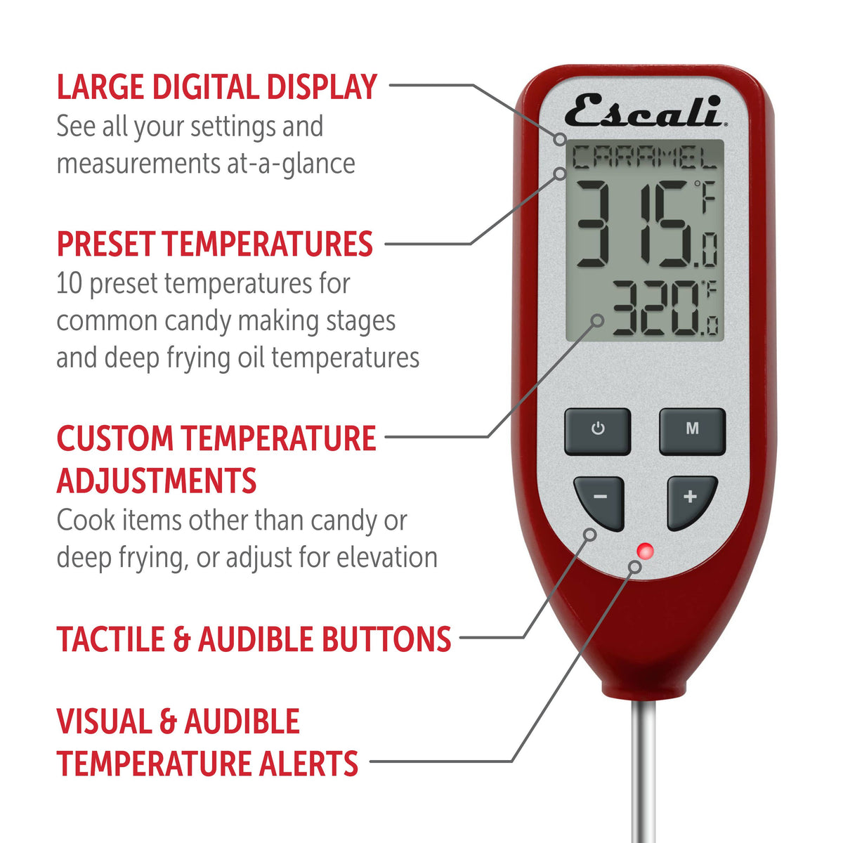 Red digital thermometer with features highlighted on a white background
