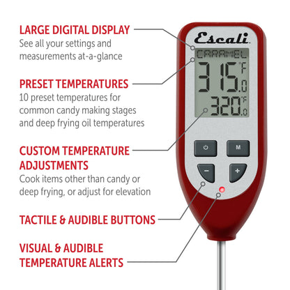 Red digital thermometer with features highlighted on a white background