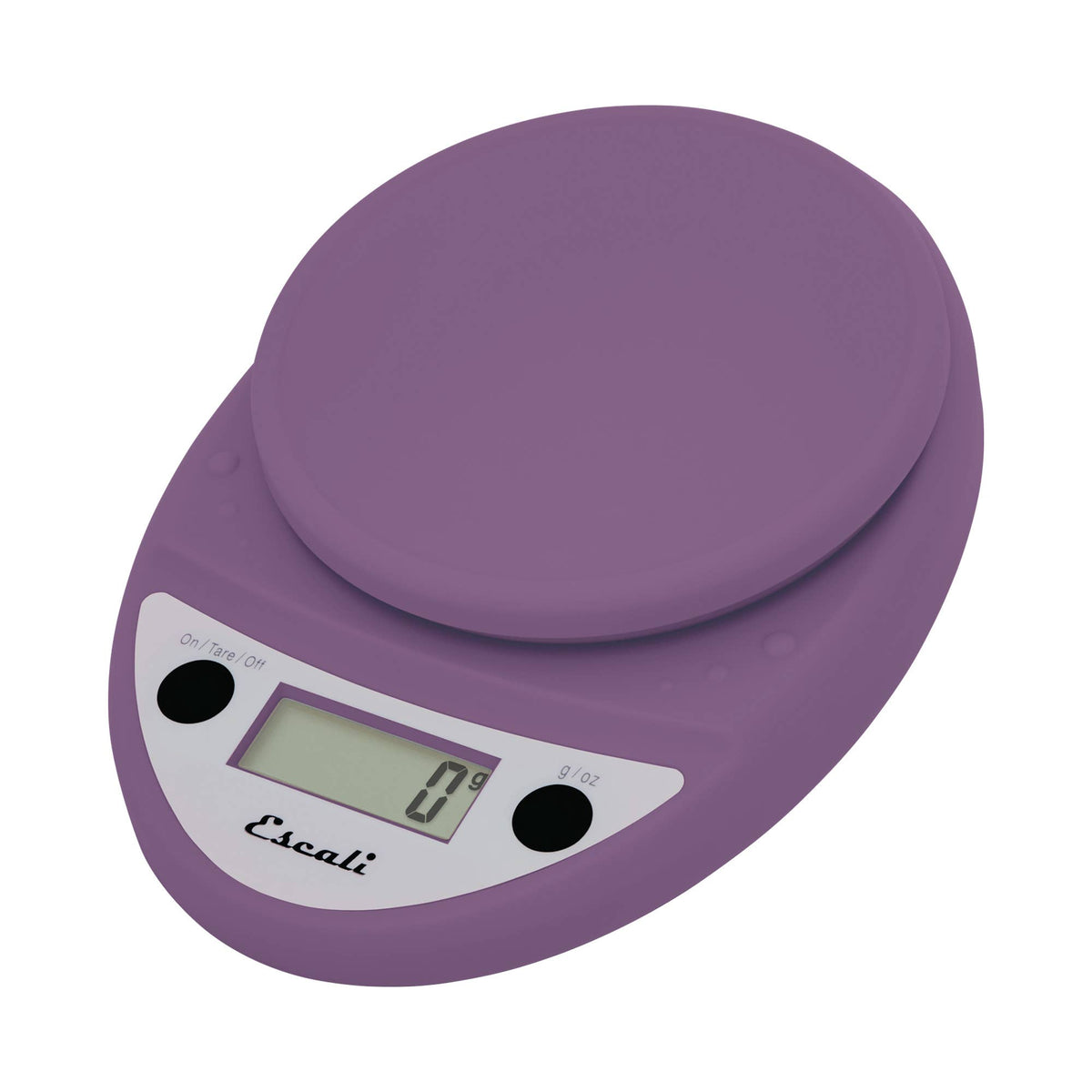 Purple digital kitchen scale with a digital display on a white background