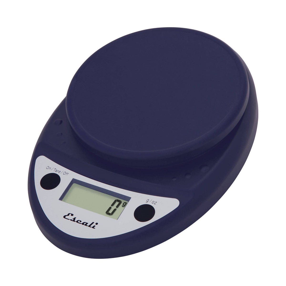 Blue digital kitchen scale with a white display on a white background