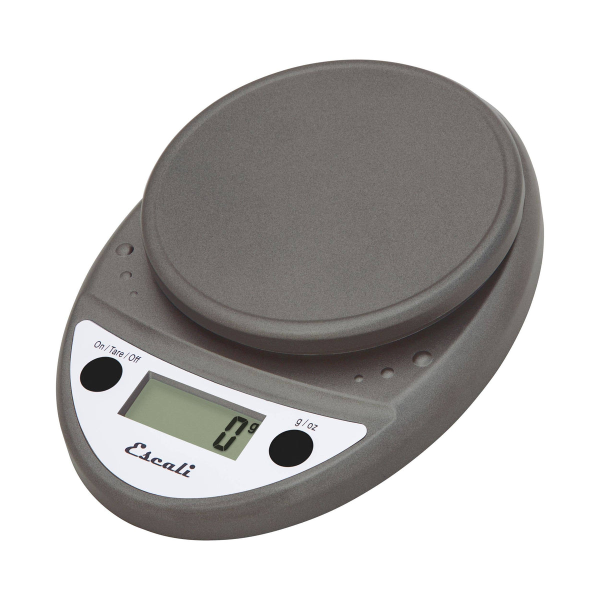 Gray digital kitchen scale with a digital display on a white background