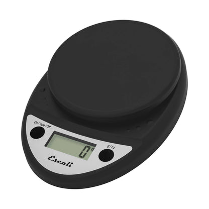 Black digital kitchen scale with digital display on a white background