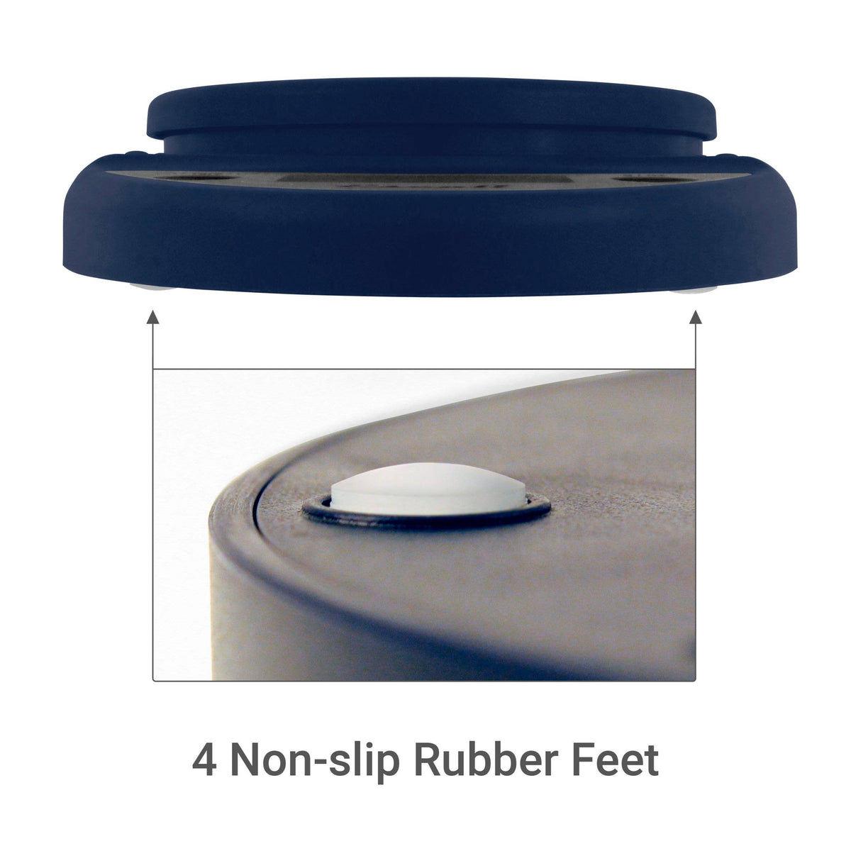 Navy blue digital scale with four non-slip rubber feet on a white background