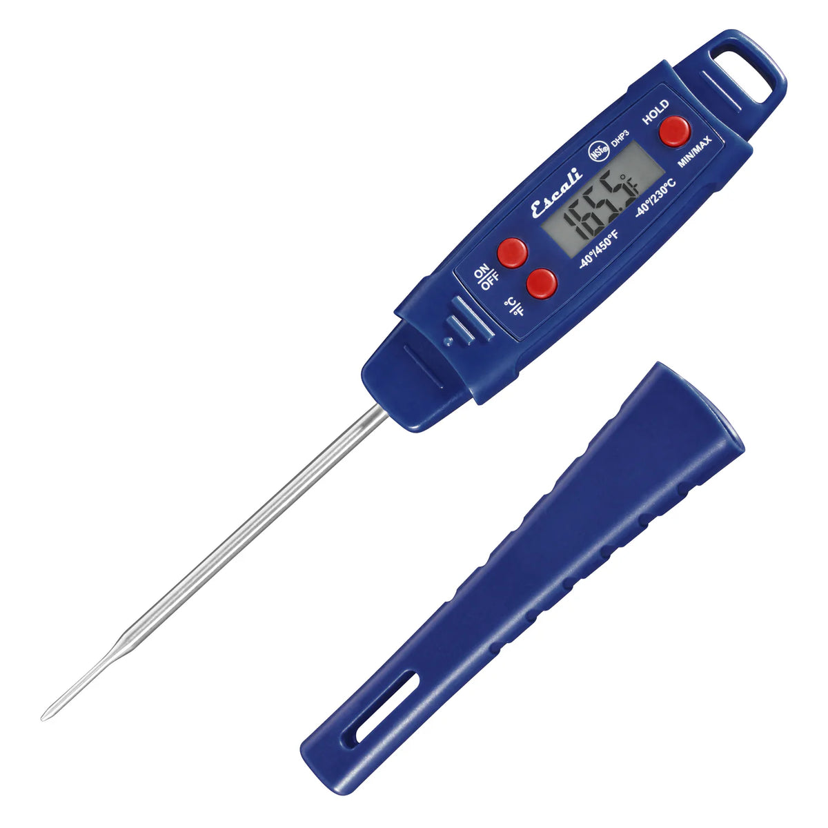 Blue digital thermometer with a probe on a white background