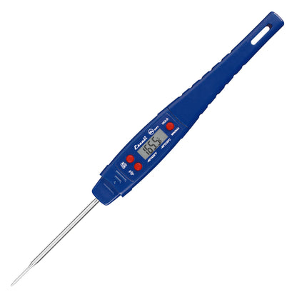 Blue digital thermometer with a white background