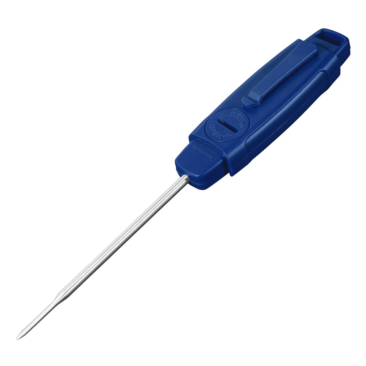 Blue meat thermometer with a needle on a white background