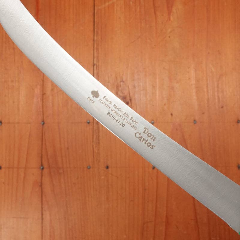 Friedr Herder, Don Carlos - Bullnose Curved Fillet Knife, semi flex, with a green plastic ergonomic handle