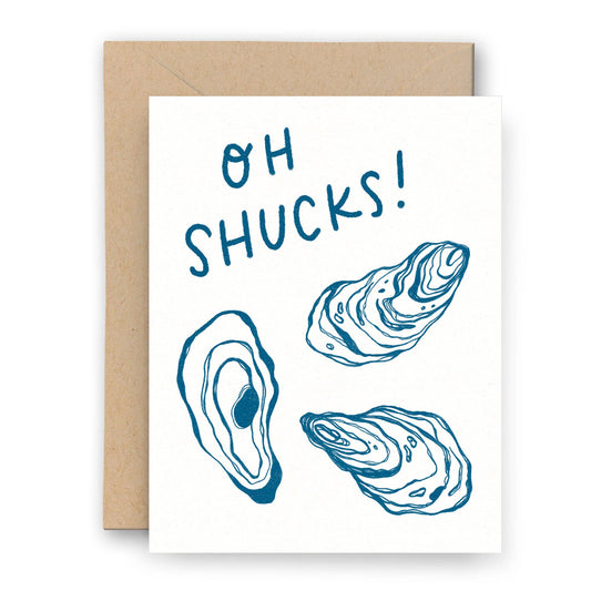 Greeting card with oyster illustrations and 'OH SHUCKS!' text on a white background.