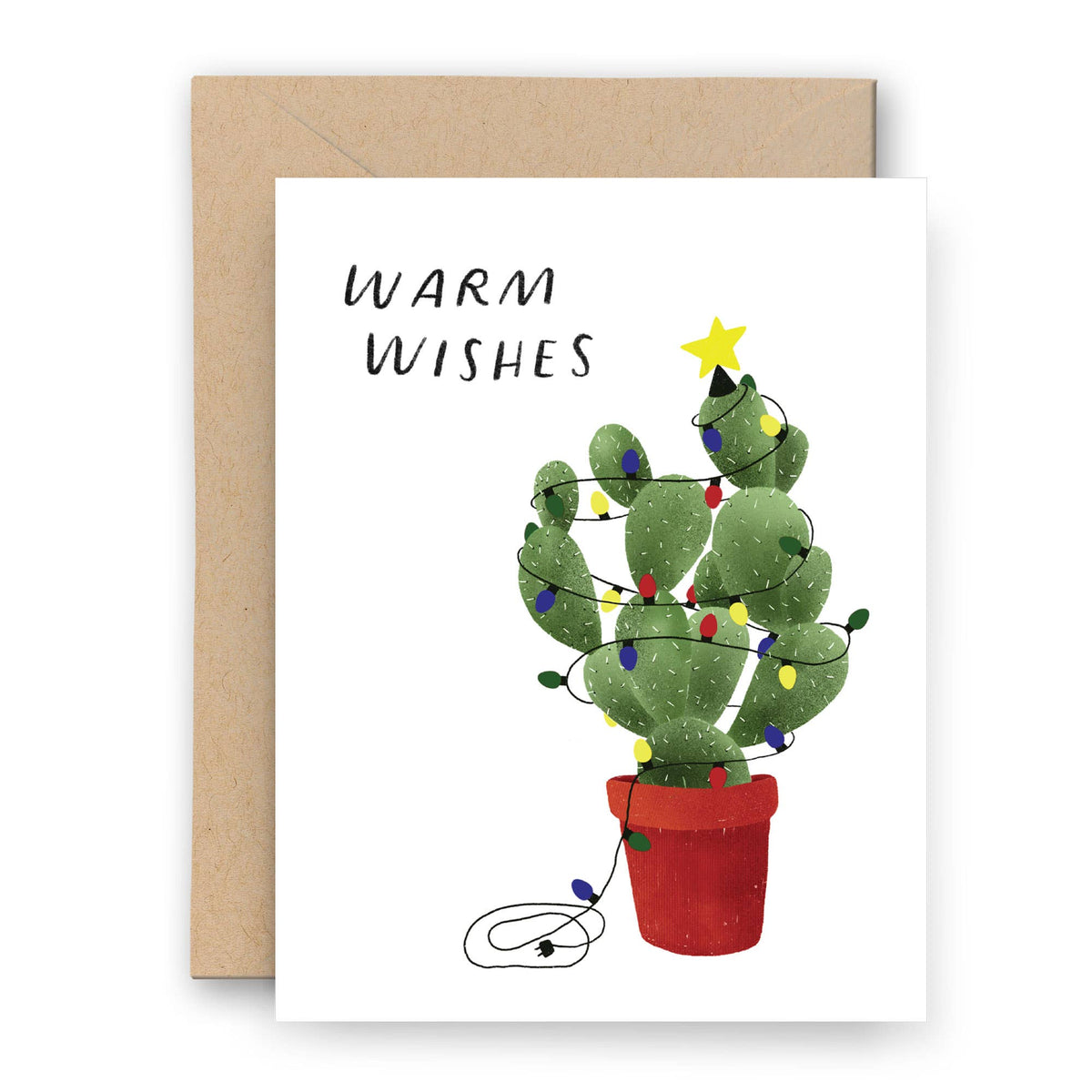 Greeting card with a cactus decorated with Christmas lights and 'Warm Wishes' text.