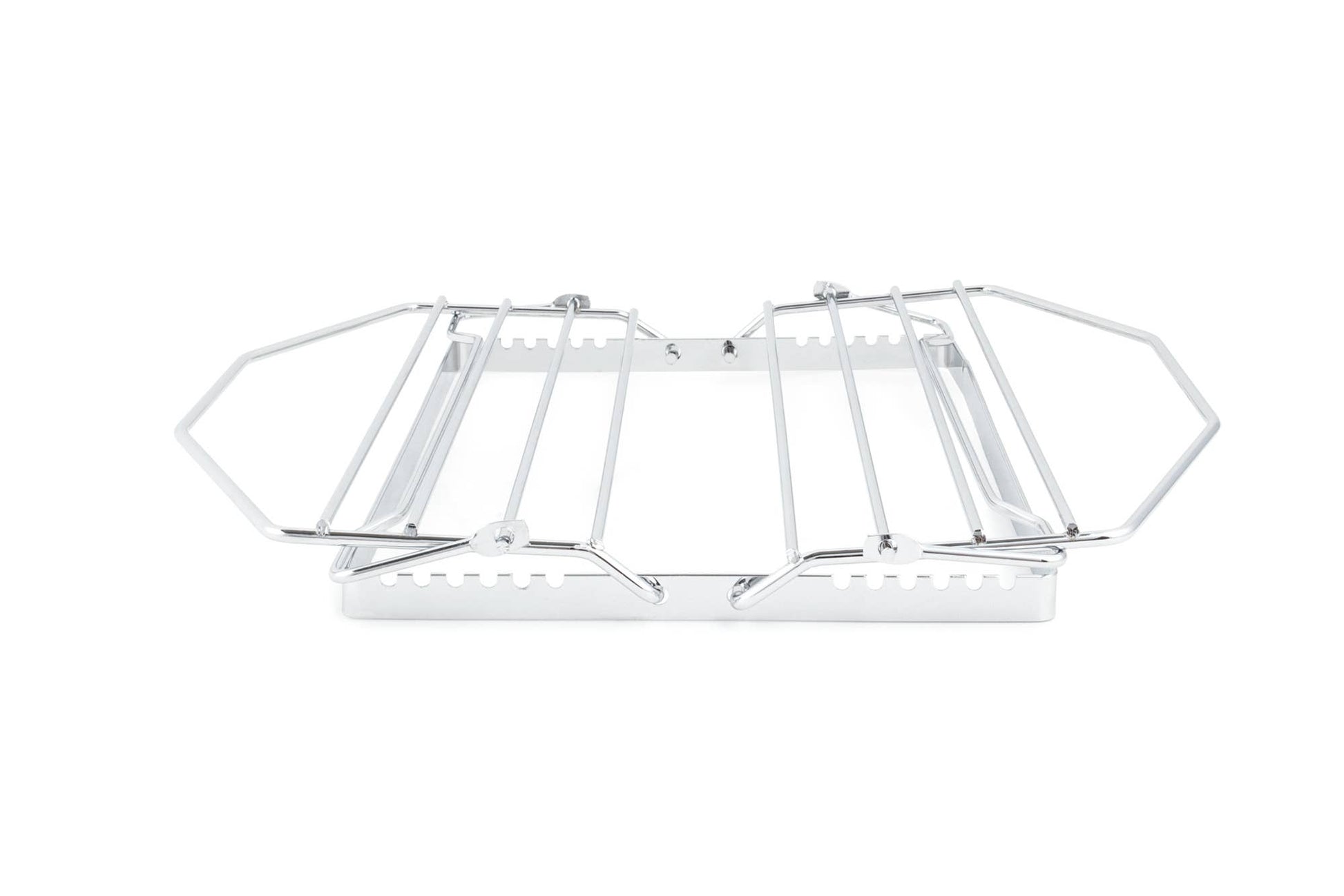A chrome metal oven rack with adjustable legs, shown on a plain white background.