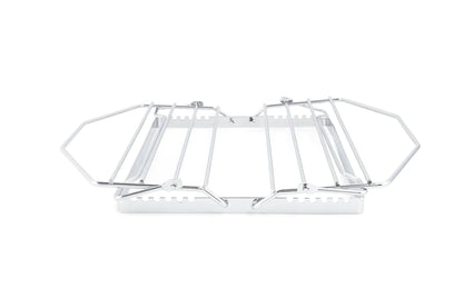 A chrome metal oven rack with adjustable legs, shown on a plain white background.