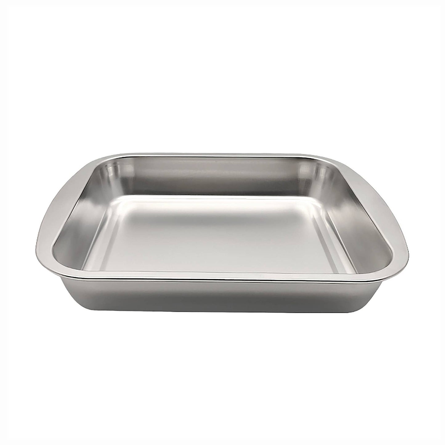 Stainless steel roasting psn on a white background.