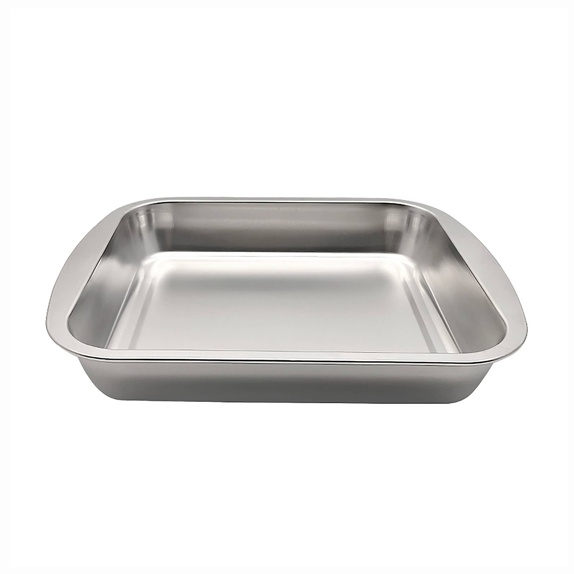Stainless steel roasting psn on a white background.