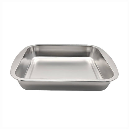 Stainless steel roasting psn on a white background.